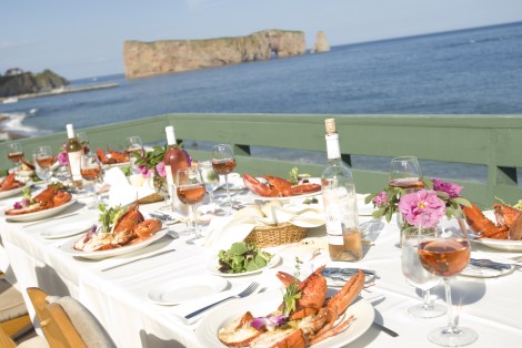 Lobster meal, terrace, by the sea, Percé Rock